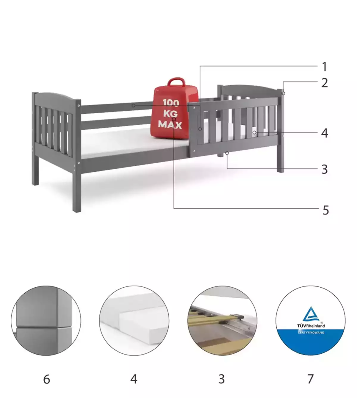 Componente pentru patul copiilor single Winnie 80x160 cu saltea, grafit