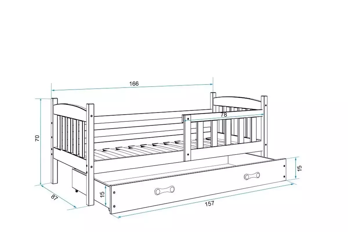 Dimensiuni și specificații pentru patul copiilor single Winnie 80x160 cu saltea și sertar, alb Dimensiuni și specificații pentru patul copiilor single Winnie 80x160 cu saltea și sertar, alb