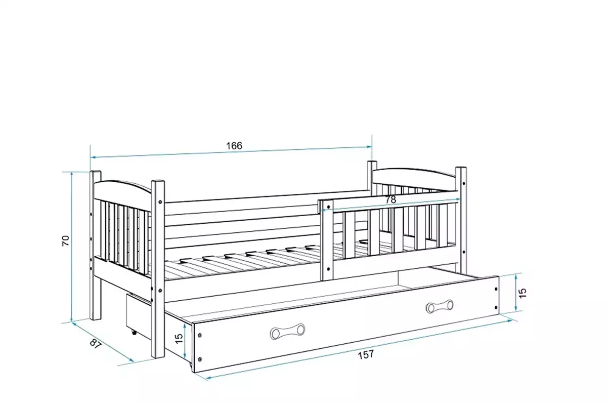 Dimensiuni și specificații pentru patul copiilor single Winnie 80x160 cu saltea și sertar, grafit/albastru Dimensiuni și specificații pentru patul copiilor single Winnie 80x160 cu saltea și sertar, grafit/albastru