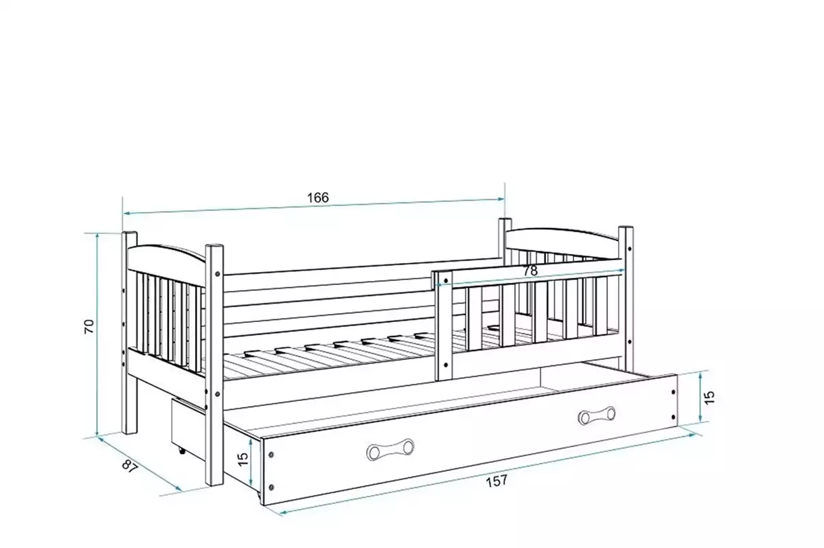 Dimensiuni și specificații pentru patul copiilor single Winnie 80x160 cu saltea și sertar, pin/grafit Dimensiuni și specificații pentru patul copiilor single Winnie 80x160 cu saltea și sertar, pin/grafit