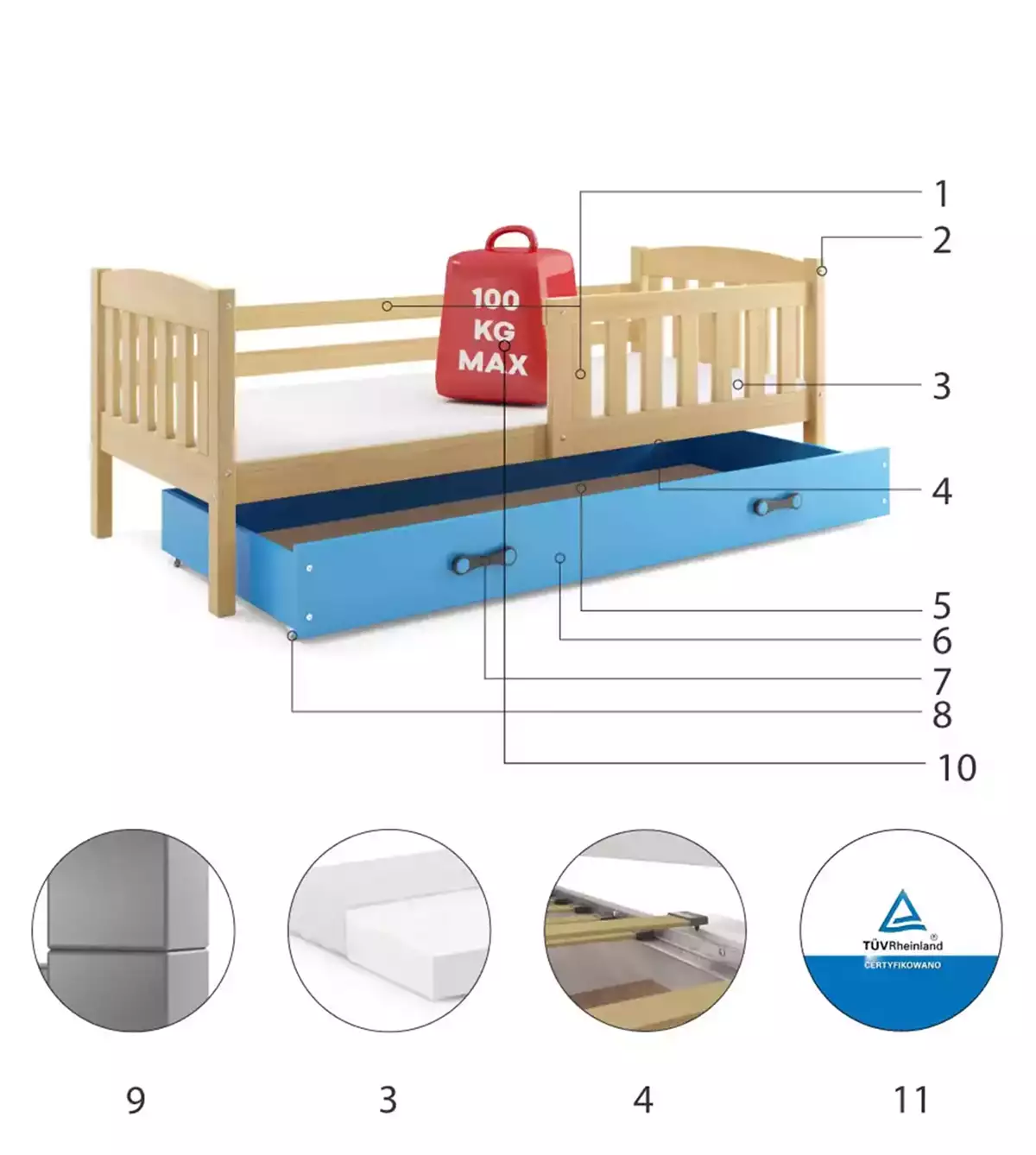 Componente pentru patul copiilor single Winnie 80x160 cu saltea și sertar, pin/albastru Componente pentru patul copiilor single Winnie 80x160 cu saltea și sertar, pin/albastru