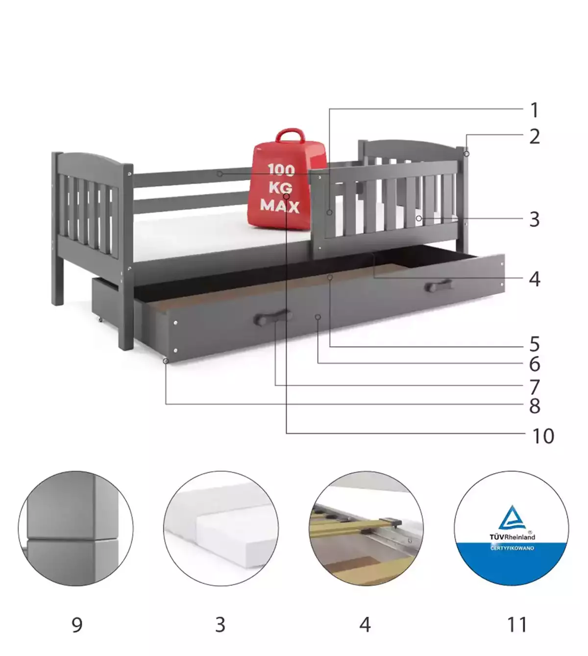 Componente pentru patul copiilor single Winnie 80x160 cu sertar, grafit