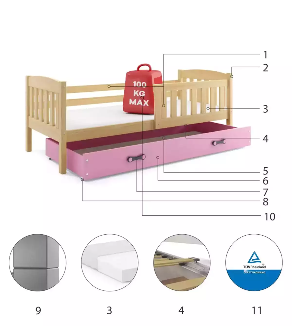 Componente pentru patul copiilor single Winnie 80x160 cu sertar, pin/roz