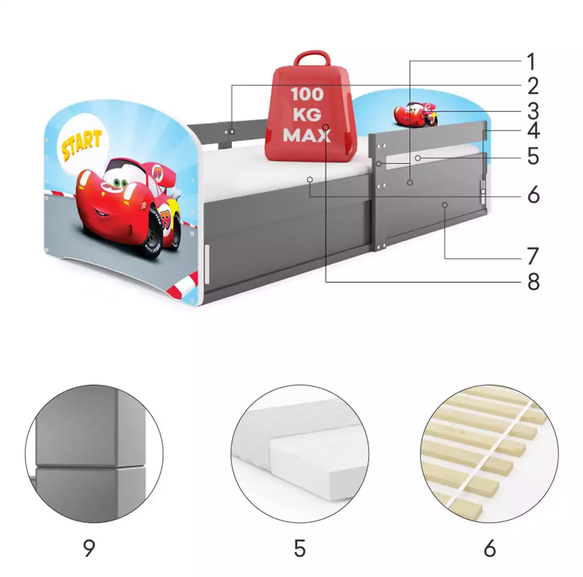Componente pentru paturi pentru copii goluri singure 1 80x160 cu saltea și depozitare, mașină, grafit Componente pentru paturi pentru copii goluri singure 1 80x160 cu saltea și depozitare, mașină, grafit