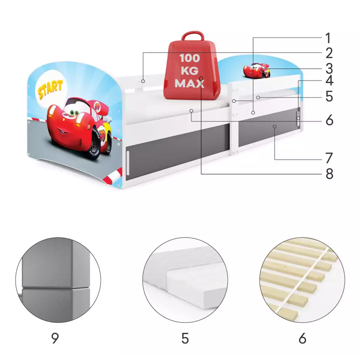 Componente pentru paturi pentru copii goluri singure 1 80x160 cu depozitare, mașină, alb Componente pentru paturi pentru copii goluri singure 1 80x160 cu depozitare, mașină, alb