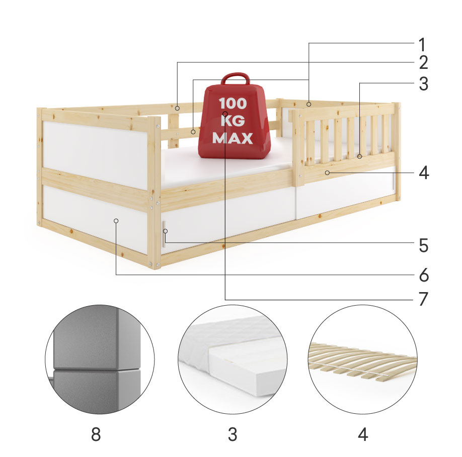 Componente pentru un pat pentru copii Smart Smart 2 80x160 cu saltea și depozitare, lemn natural Componente pentru un pat pentru copii Smart Smart 2 80x160 cu saltea și depozitare, lemn natural