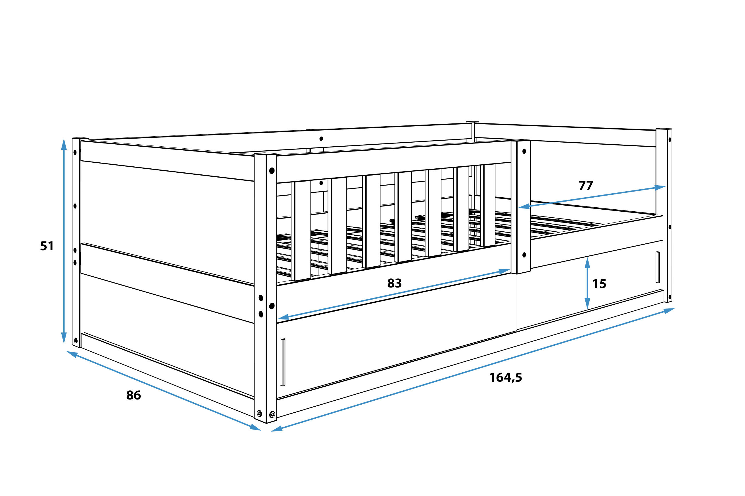 Dimensiuni și specificații pentru patul copiilor unic Smart 2 80x160 cu depozitare, lemn natural Dimensiuni și specificații pentru patul copiilor unic Smart 2 80x160 cu depozitare, lemn natural
