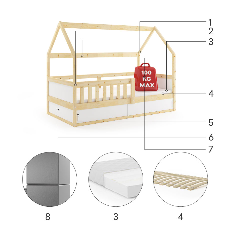 Componente pentru patul copiilor Single Smart 2 House 80x160 cu saltea și depozitare, lemn natural Componente pentru patul copiilor Single Smart 2 House 80x160 cu saltea și depozitare, lemn natural