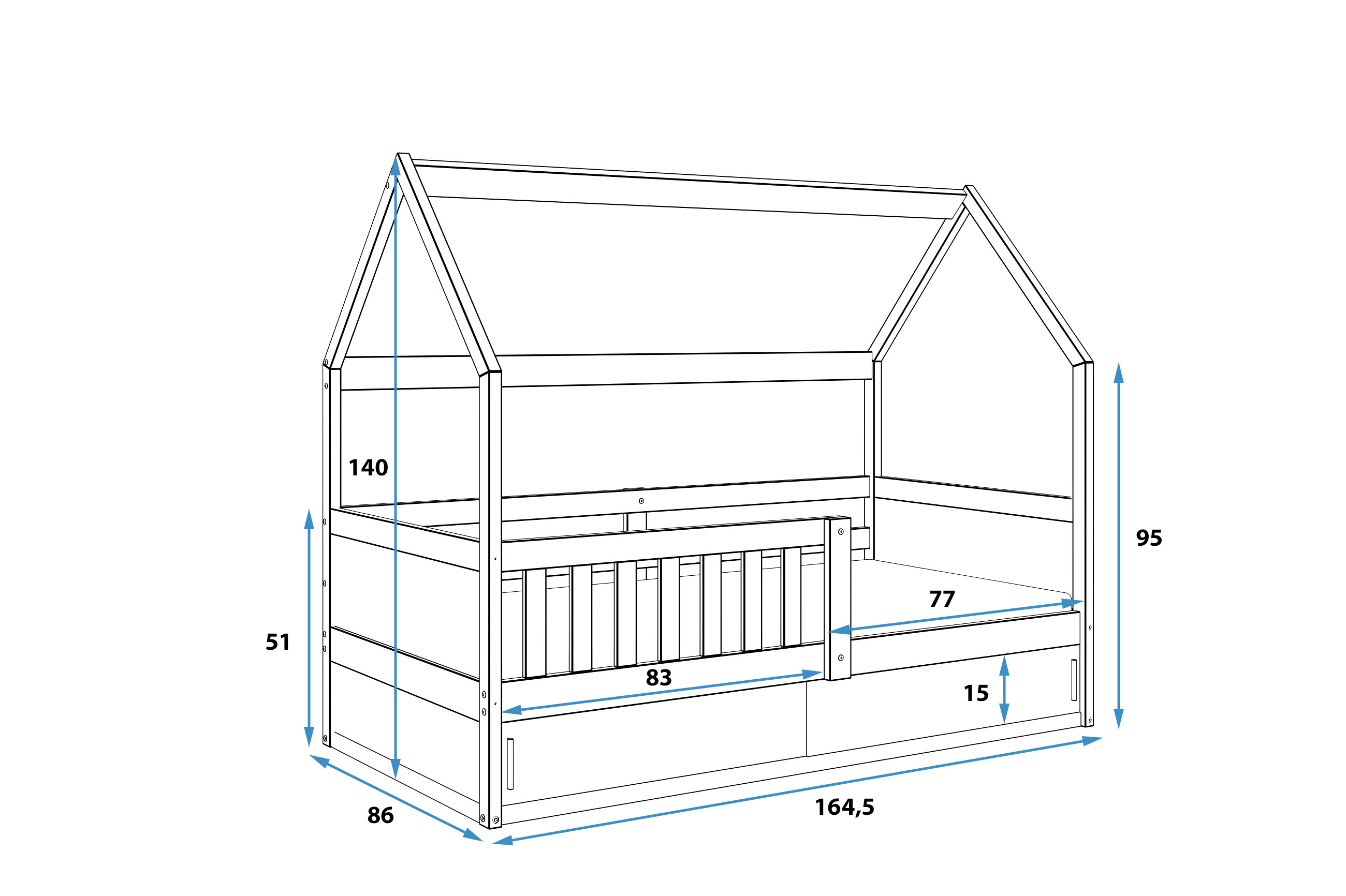 Dimensiuni și specificații pentru patul copiilor, o singură casă 80x160, lemn natural Dimensiuni și specificații pentru patul copiilor Single Smart 2 House 80x160 cu depozitare, lemn natural