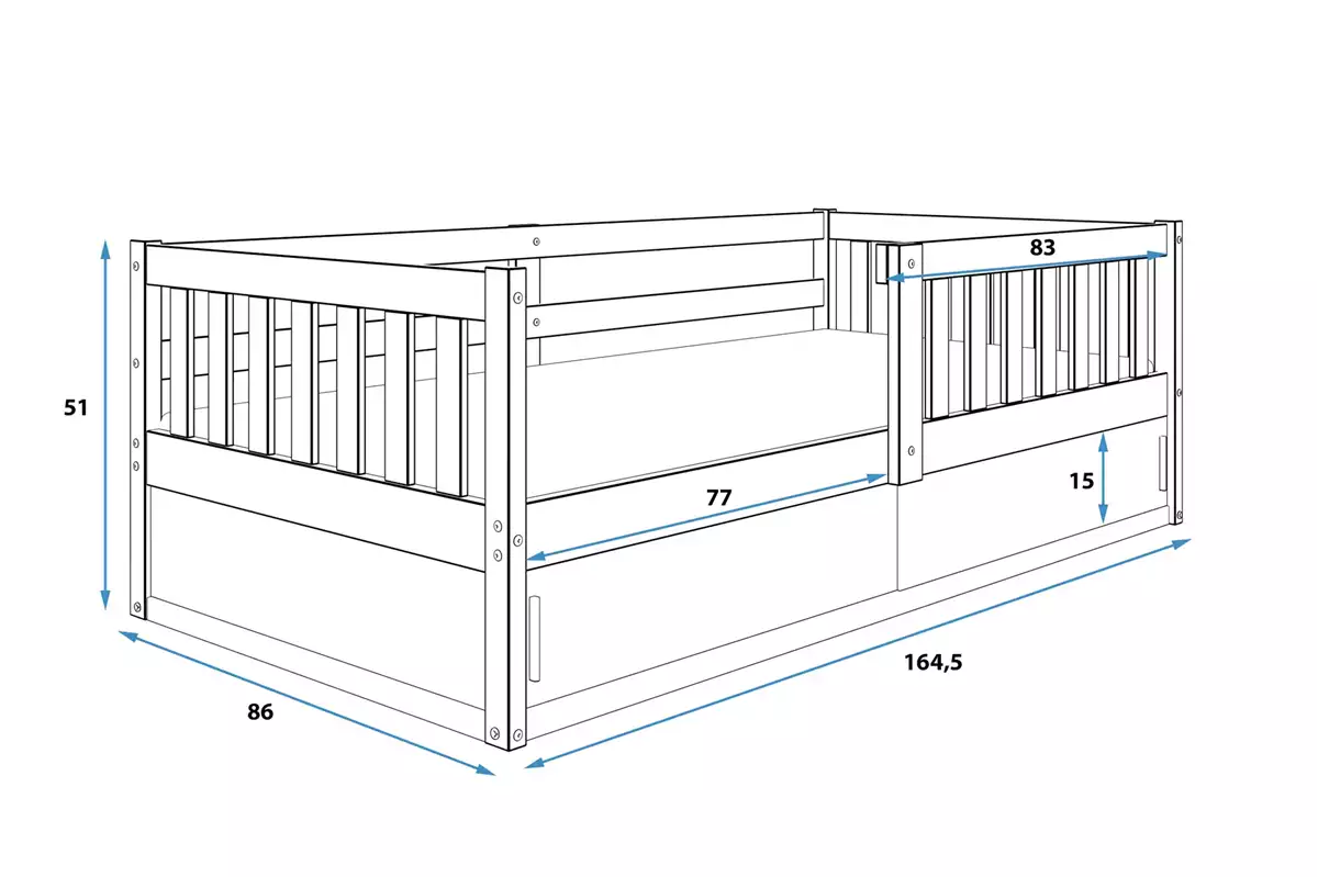 Dimensiuni și specificații pentru patul copiilor unic Smart 80x160 cu depozitare, grafit Dimensiuni și specificații pentru patul copiilor unic Smart 80x160 cu depozitare, grafit