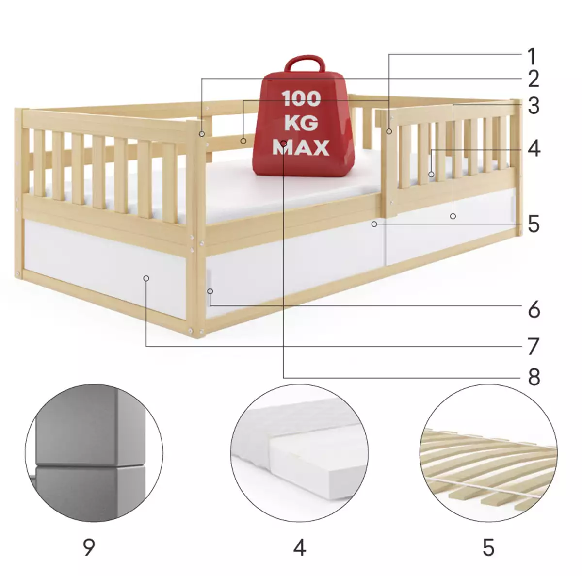 Componente pentru patul copiilor unic Smart 80x160 cu depozitare, pin Componente pentru patul copiilor unic Smart 80x160 cu depozitare, pin