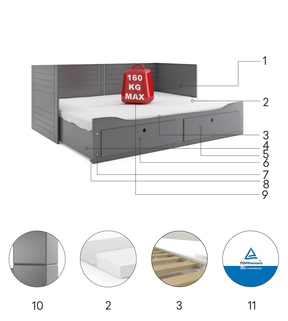 Componente pentru două paturi care pliază Hermes 80x200 cu un sertar, grafit Componente pentru două paturi care pliază Hermes 80x200 cu un sertar, grafit