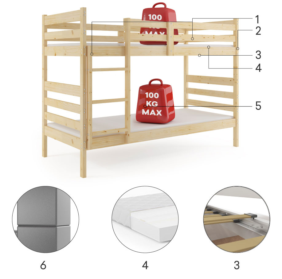 Componente pentru patul de tineret, Eric 90x190 cu saltea, lemn natural Componente pentru patul de tineret, Eric 90x190 cu saltea, lemn natural