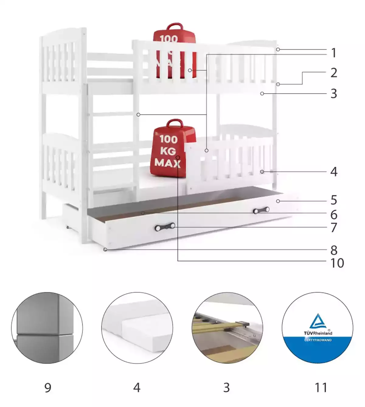 Componente pentru patul de tineret pariu Winnie 80x190 cu sertar, alb Componente pentru patul de tineret pariu Winnie 80x190 cu sertar, alb