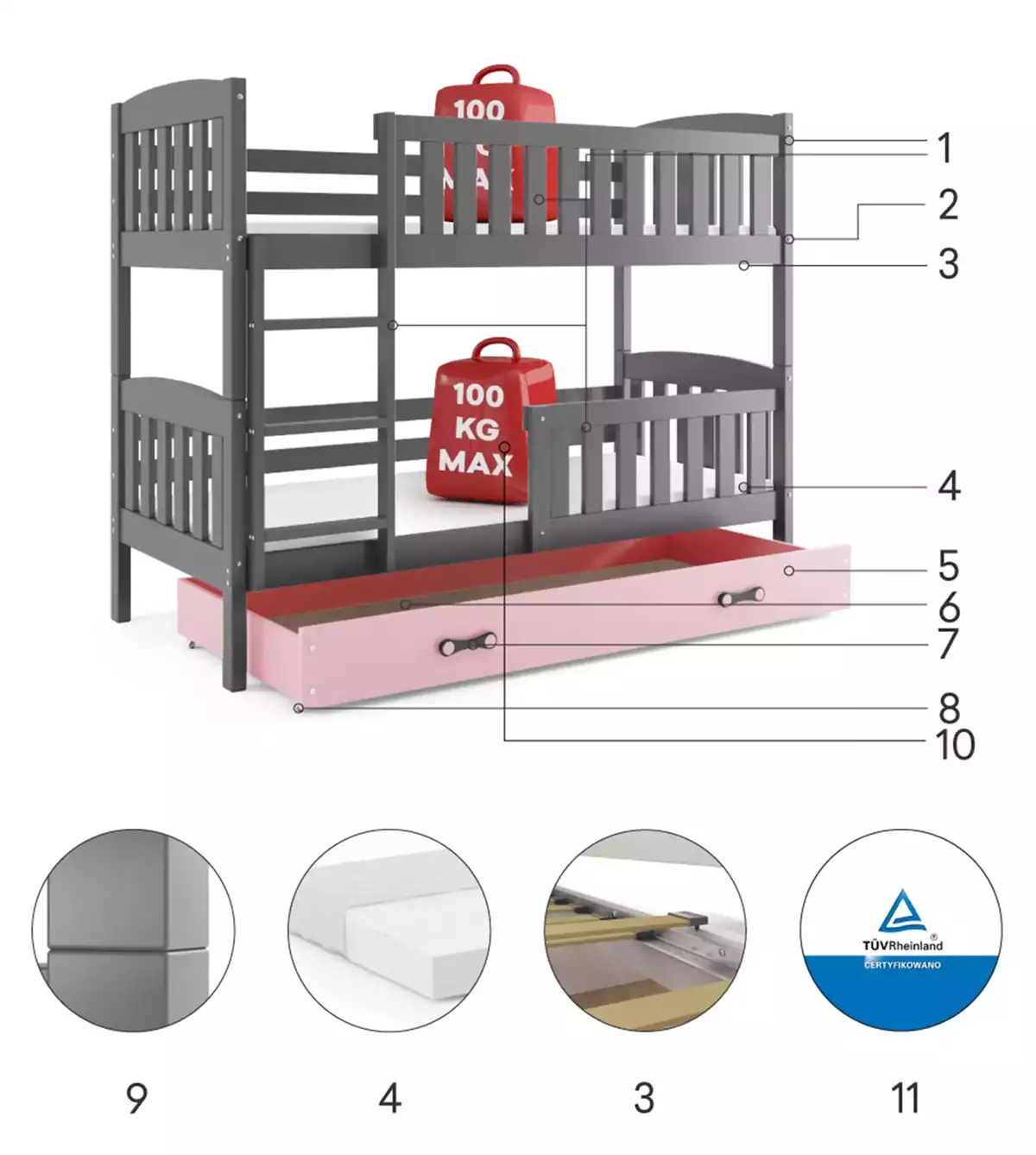 Componente pentru patul de tineret, găleată de Winnie 80x190 cu sertar, grafit/roz Componente pentru patul de tineret, găleată de Winnie 80x190 cu sertar, grafit/roz