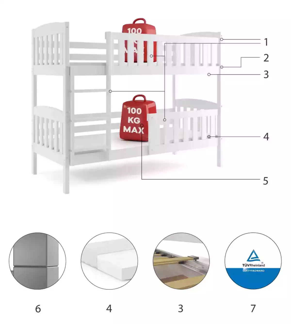 Componente pentru patul de tineret, găleată de Winnie 90x200 cu saltea, alb Componente pentru patul de tineret, găleată de Winnie 90x200 cu saltea, alb