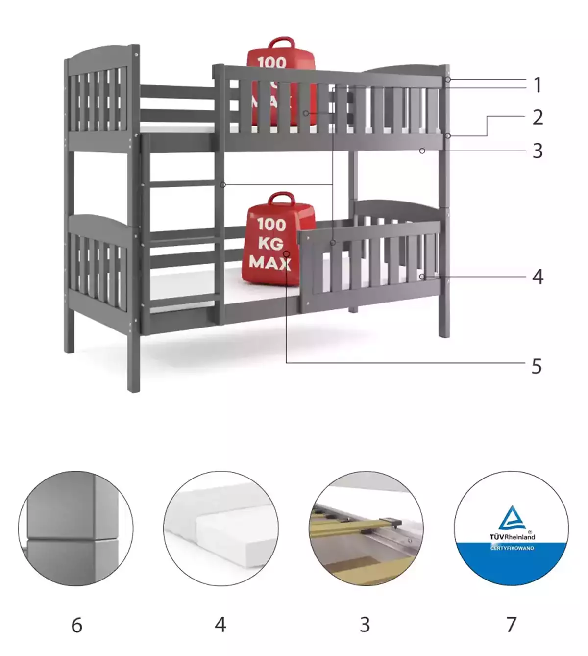Componente pentru patul de tineret, găleată de Winnie 90x200 cu saltea, grafit Componente pentru patul de tineret, găleată de Winnie 90x200 cu saltea, grafit