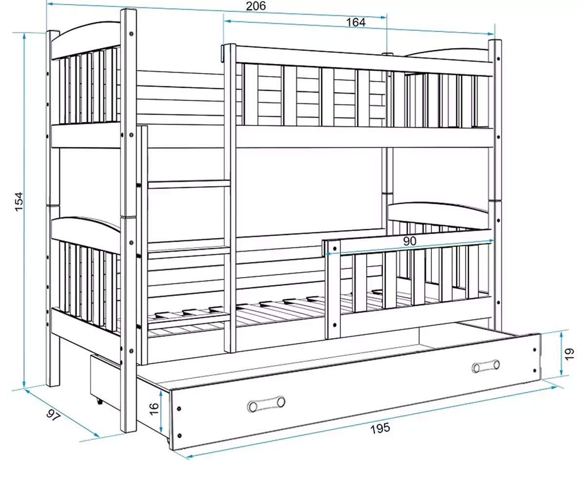Dimensiuni și specificații pentru patul de tineret pariu Winnie 90x200 cu saltea și sertar, pin/alb Dimensiuni și specificații pentru patul de tineret pariu Winnie 90x200 cu saltea și sertar, pin/alb