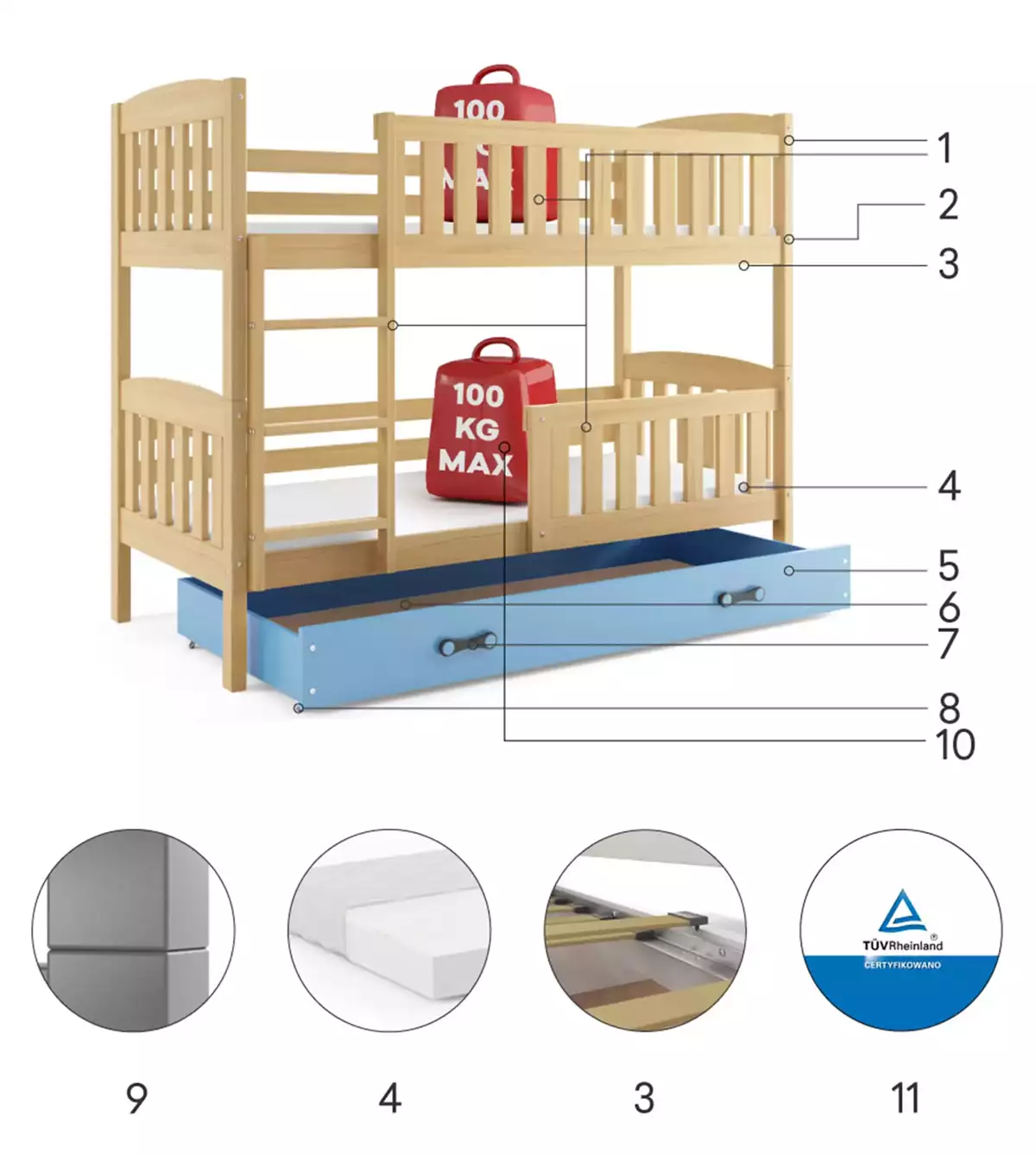 Componente pentru paturi pentru tineri Winnie 90x200 cu saltea și sertar, pin/albastru Componente pentru paturi pentru tineri Winnie 90x200 cu saltea și sertar, pin/albastru