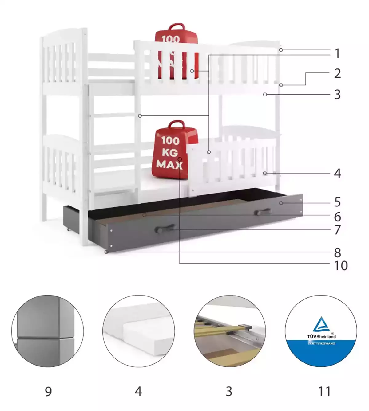 Componente pentru patul de tineret, bug 90x200 cu sertar, alb/grafit Componente pentru patul de tineret, bug 90x200 cu sertar, alb/grafit