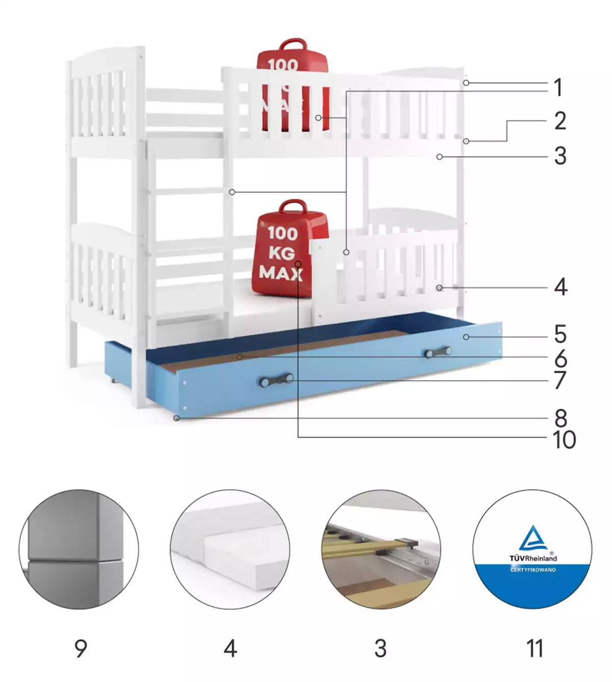 Componente pentru patul de tineret, bug 90x200 cu sertar, alb/albastru Componente pentru patul de tineret, bug 90x200 cu sertar, alb/albastru