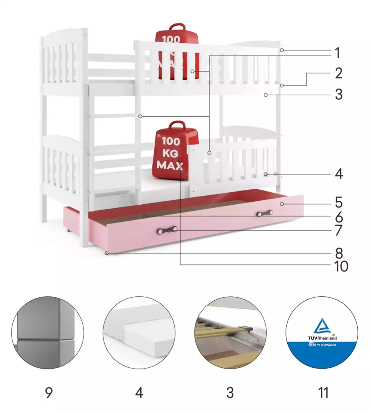 Componente pentru patul de tineret, bug 90x200 cu sertar, alb/roz Componente pentru patul de tineret, bug 90x200 cu sertar, alb/roz