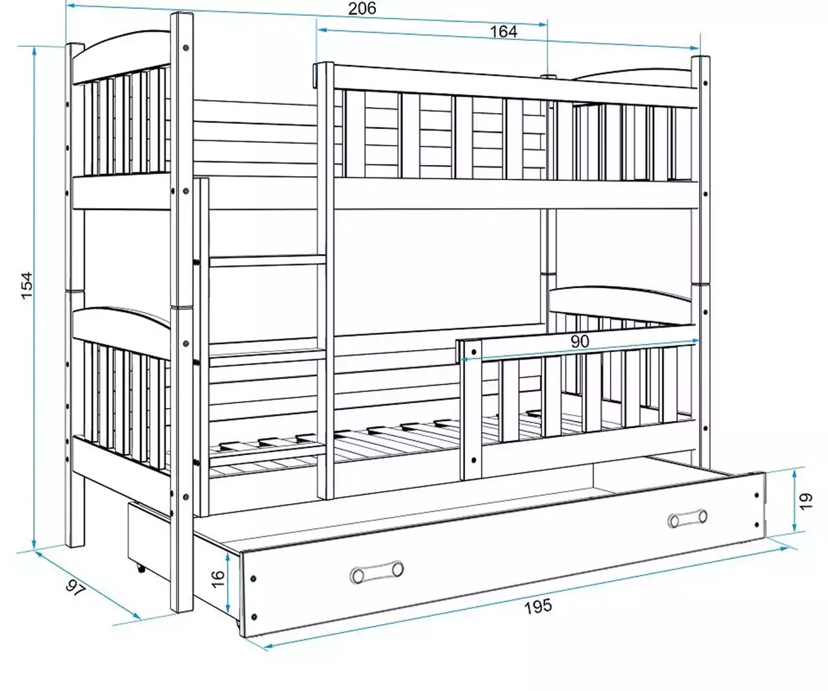 Dimensiuni și specificații pentru patul de tineret, Winnie 90x200 cu un sertar, alb Dimensiuni și specificații pentru patul de tineret, Winnie 90x200 cu un sertar, alb