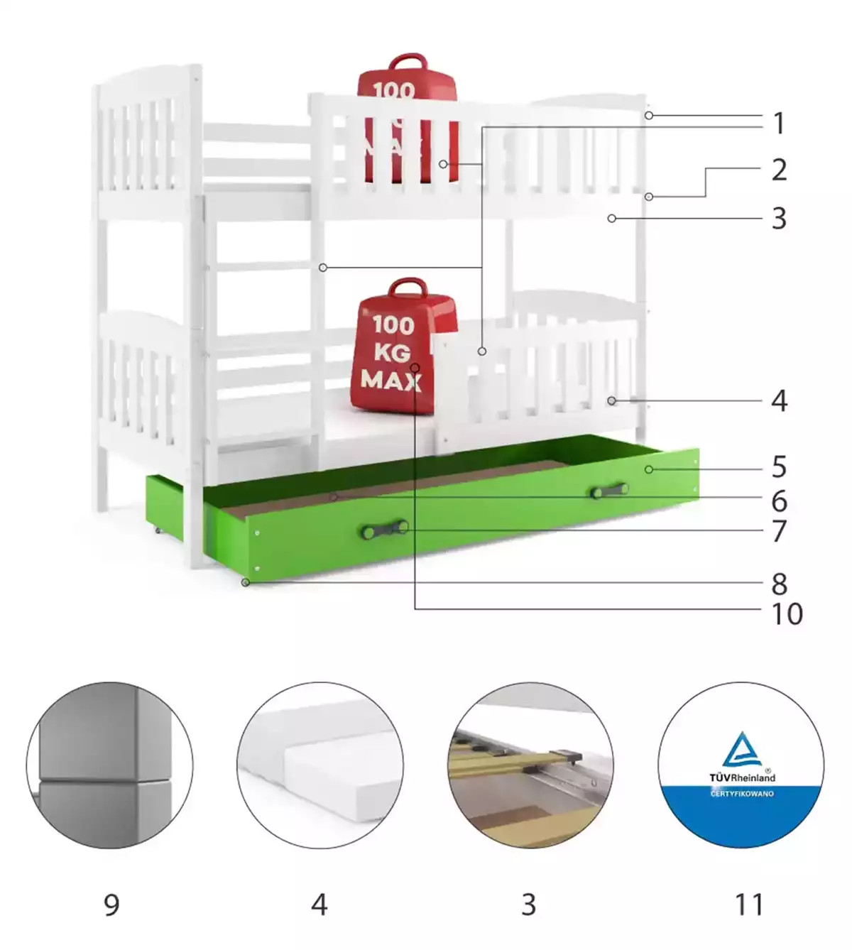 Componente pentru patul de tineret, bug 90x200 cu sertar, alb/verde Componente pentru patul de tineret, bug 90x200 cu sertar, alb/verde