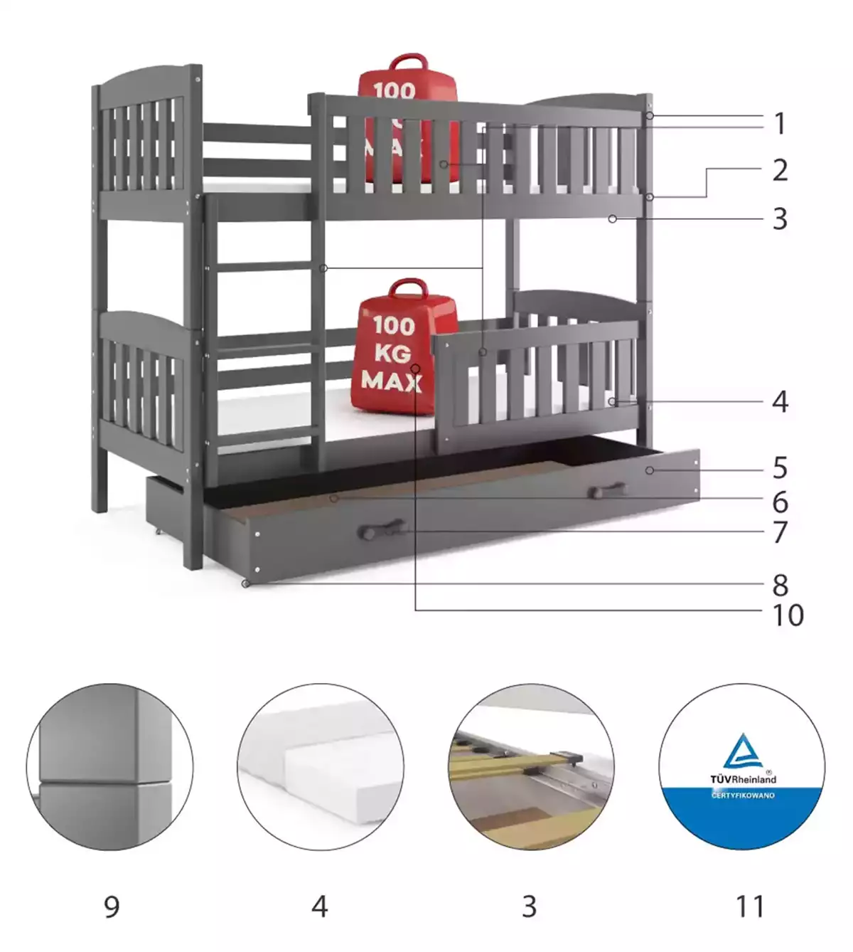 Componente pentru patul de tineret, bug 90x200 cu un sertar, grafit Componente pentru patul de tineret, bug 90x200 cu un sertar, grafit