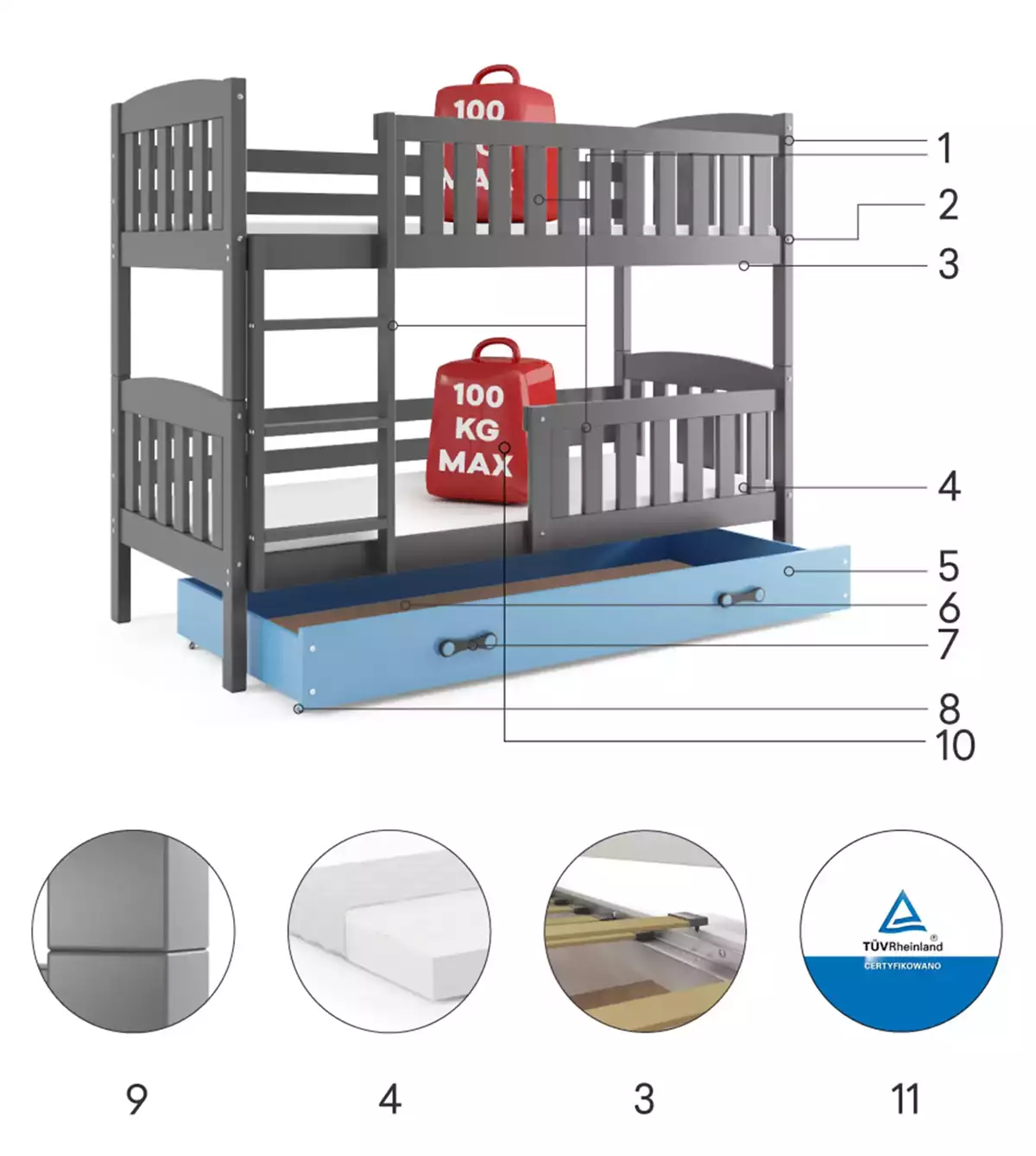 Componente pentru patul de tineret, kubuś 90x200 cu sertar, grafit/albastru Componente pentru patul de tineret, kubuś 90x200 cu sertar, grafit/albastru