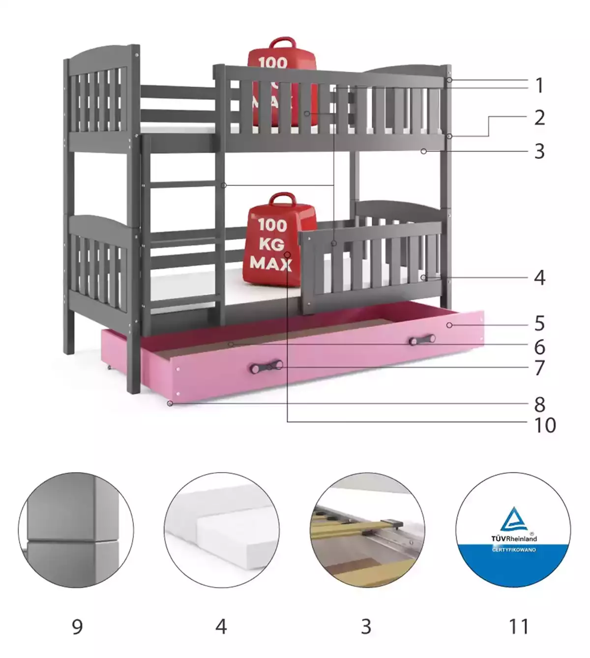 Componente pentru pat de tineret, bunk 90x200 cu sertar, grafit/roz Componente pentru pat de tineret, bunk 90x200 cu sertar, grafit/roz