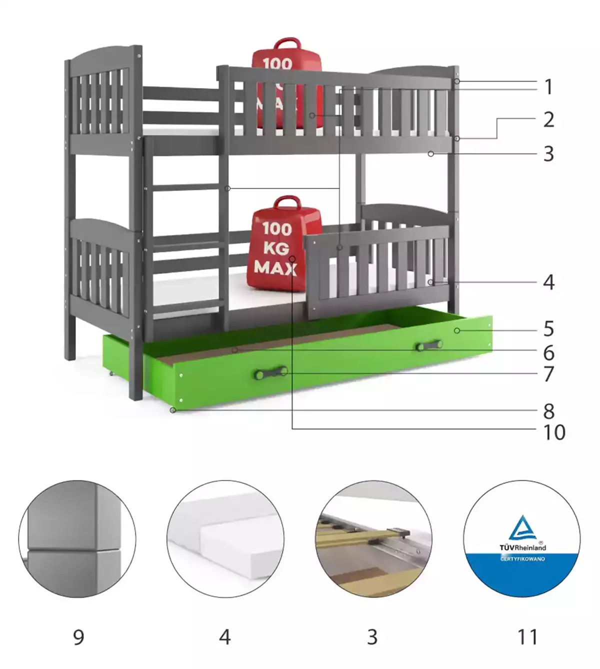 Componente pentru patul de tineret, bug 90x200 cu un sertar, grafit/verde Componente pentru patul de tineret, bug 90x200 cu un sertar, grafit/verde