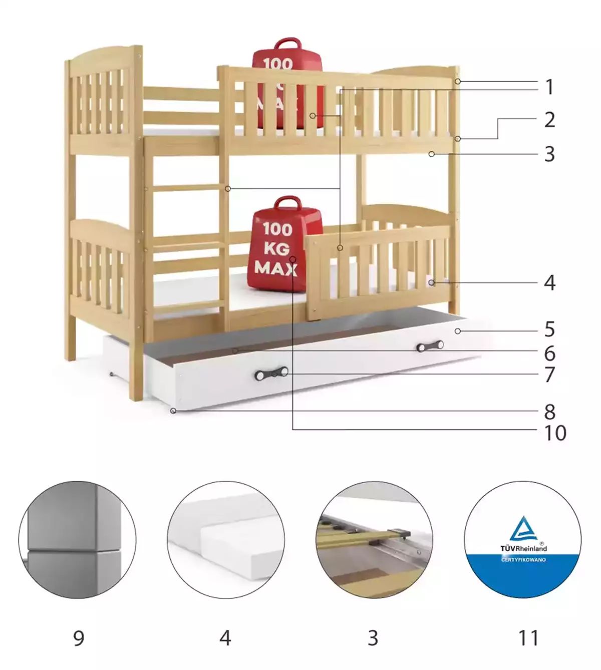 Componente pentru patul de tineret, bug 90x200 cu sertar, pin/alb Componente pentru patul de tineret, bug 90x200 cu sertar, pin/alb