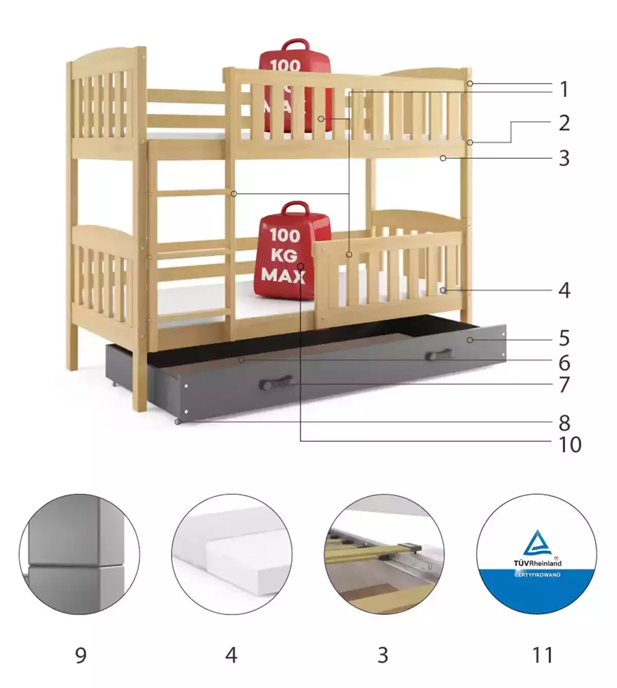 Componente pentru paturi pentru tineri Kubuś 90x200 cu sertar, pin/grafit Componente pentru paturi pentru tineri Kubuś 90x200 cu sertar, pin/grafit
