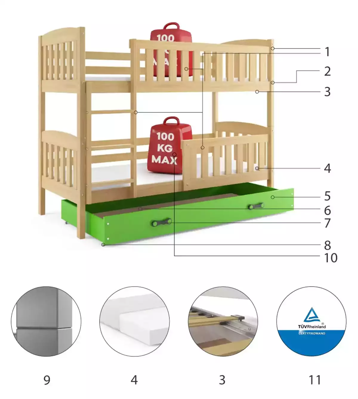 Componente pentru patul de tineret, bug 90x200 cu sertar, pin/verde Componente pentru patul de tineret, bug 90x200 cu sertar, pin/verde
