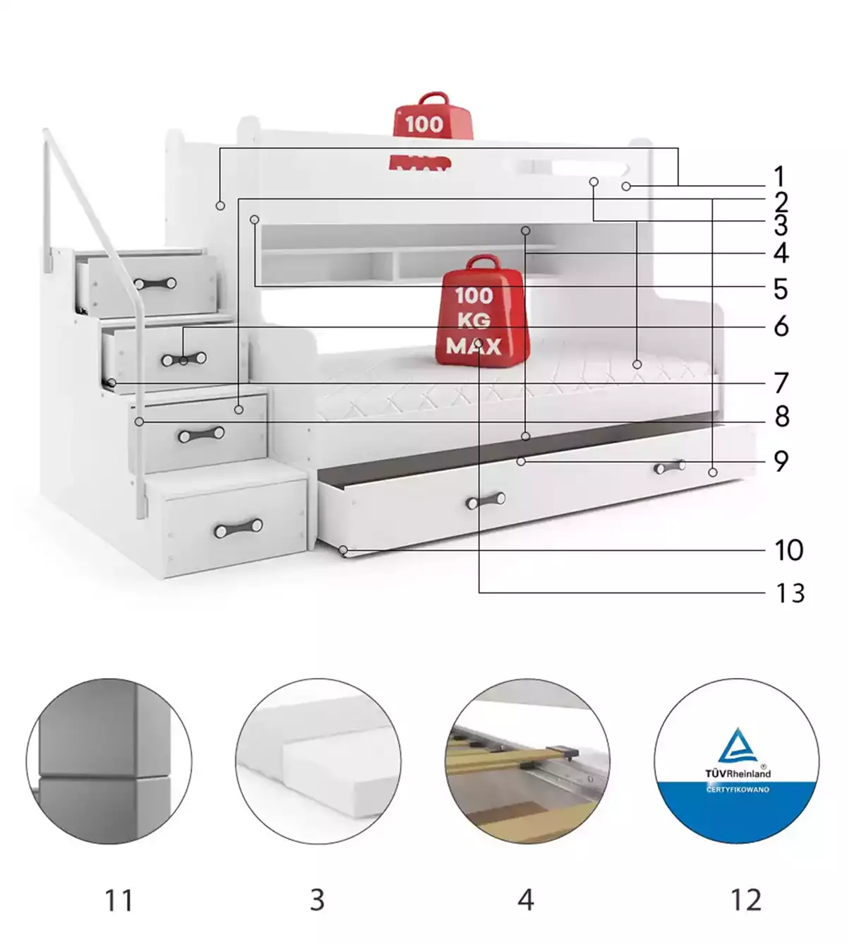 Componente pentru paturi de tineret pat max 3 120x200 cu saltea și sertar, alb Componente pentru paturi de tineret pat max 3 120x200 cu saltea și sertar, alb