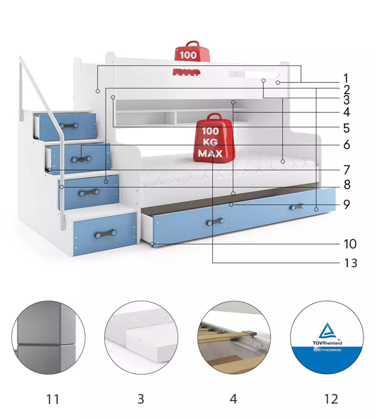 Componente pentru patul de tineret, multi -sala max 3 120x200 cu saltea și sertar, albastru