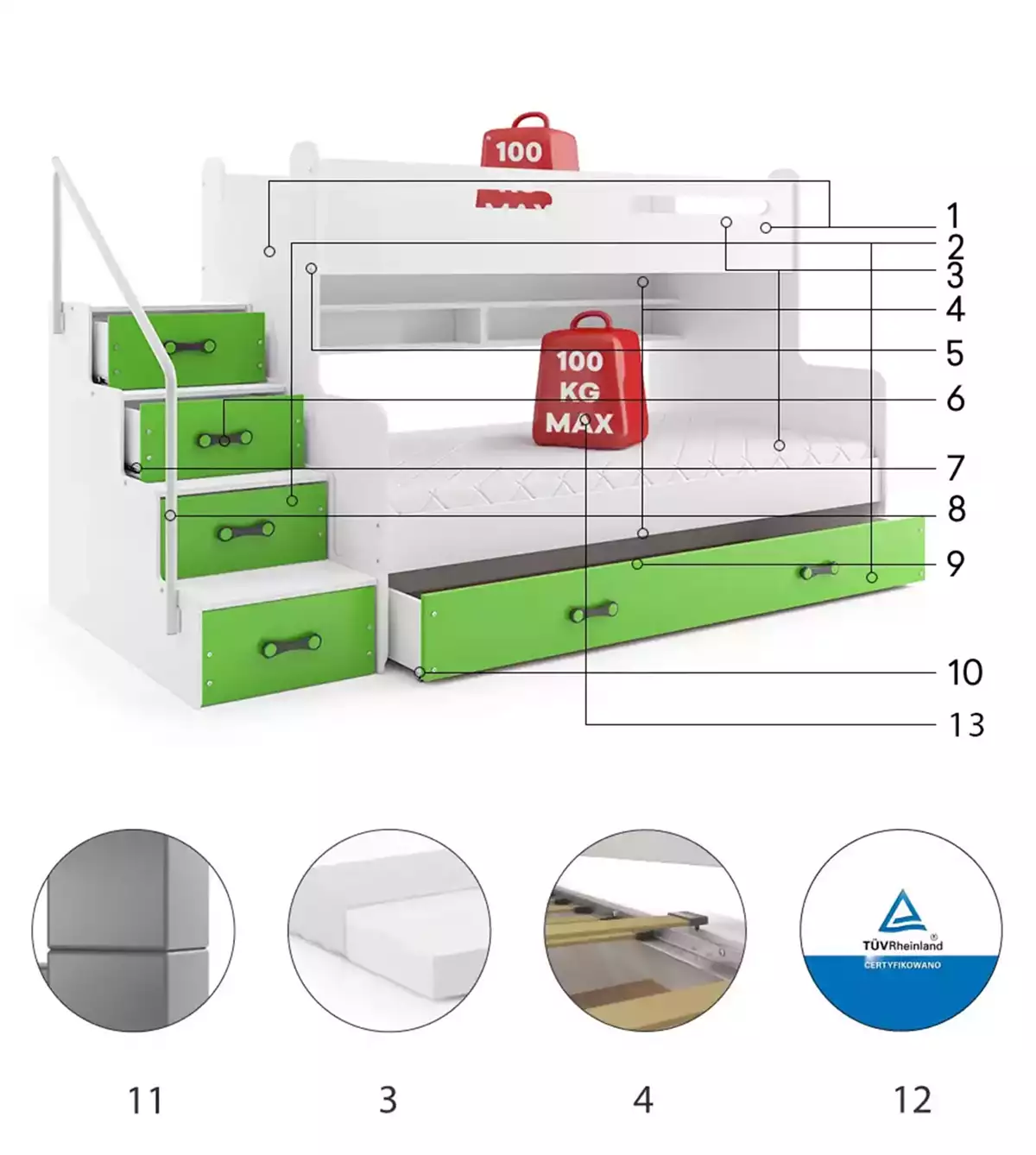 Componente pentru patul de tineret, multi -sala max 3 120x200 cu saltea și sertar, verde Componente pentru patul de tineret, multi -sala max 3 120x200 cu saltea și sertar, verde