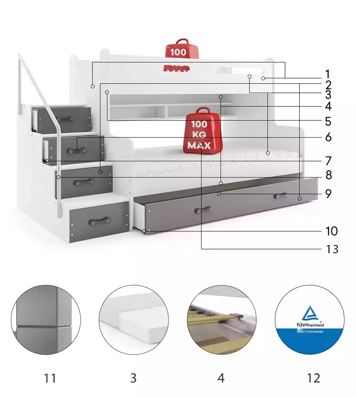 Componente pentru paturi de tineret, multi -STORY MAX 3 120X200 cu sertar, grafit Componente pentru paturi de tineret, multi -STORY MAX 3 120X200 cu sertar, grafit