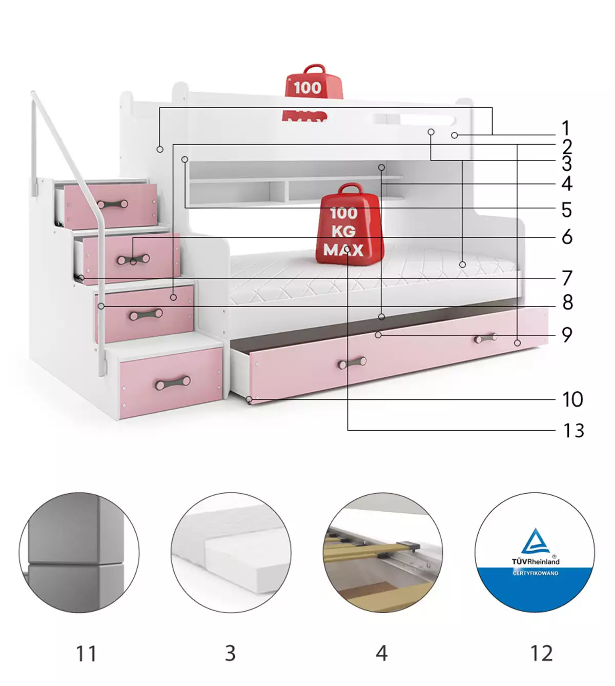 Componente pentru paturi de tineret, multi -STORY MAX 3 120X200 cu sertar, roz Componente pentru paturi de tineret, multi -STORY MAX 3 120X200 cu sertar, roz