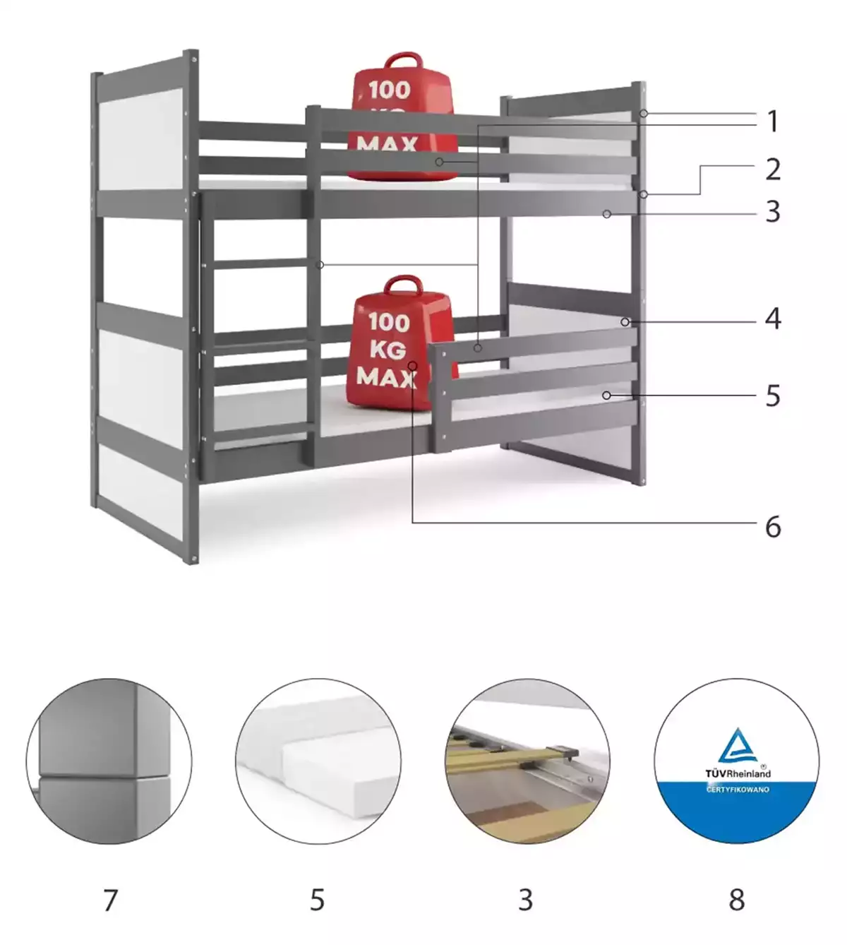 Componente pentru patul de tineret RICO 90x200, grafit/alb Componente pentru patul de tineret RICO 90x200, grafit/alb