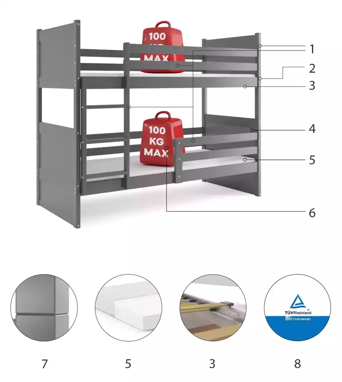 Componente pentru patul de tineret RICO 90x200, grafit Componente pentru patul de tineret RICO 90x200, grafit