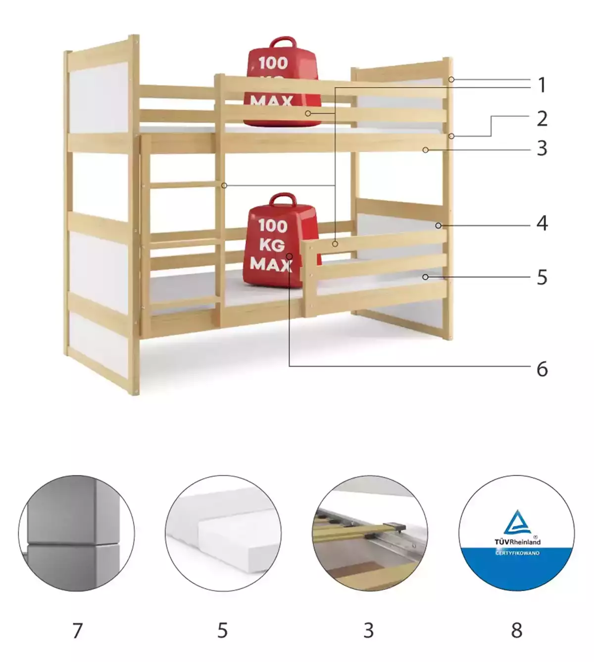 Componente pentru patul de tineret Rico 90x200, pin/alb Componente pentru patul de tineret Rico 90x200, pin/alb