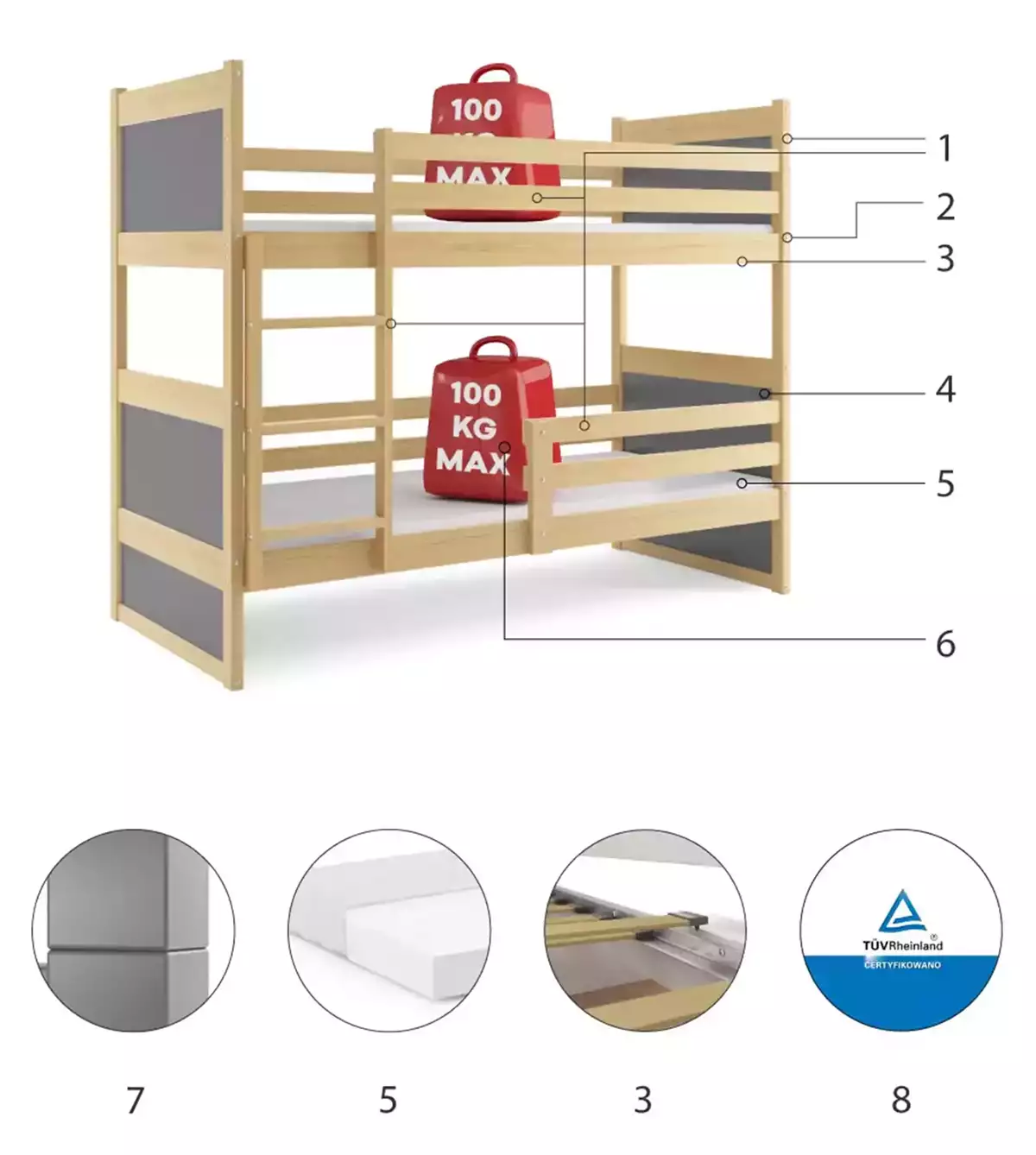 Componente pentru patul de tineret Rico 90x200, patul de tineret de pin/grafit Componente pentru patul de tineret Rico 90x200, patul de tineret de pin/grafit