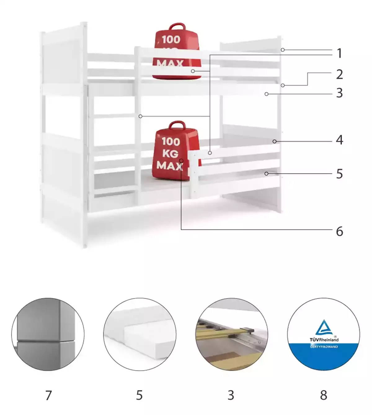 Componente pentru patul de tineret Rico 90x200 cu saltea, alb Componente pentru patul de tineret Rico 90x200 cu saltea, alb