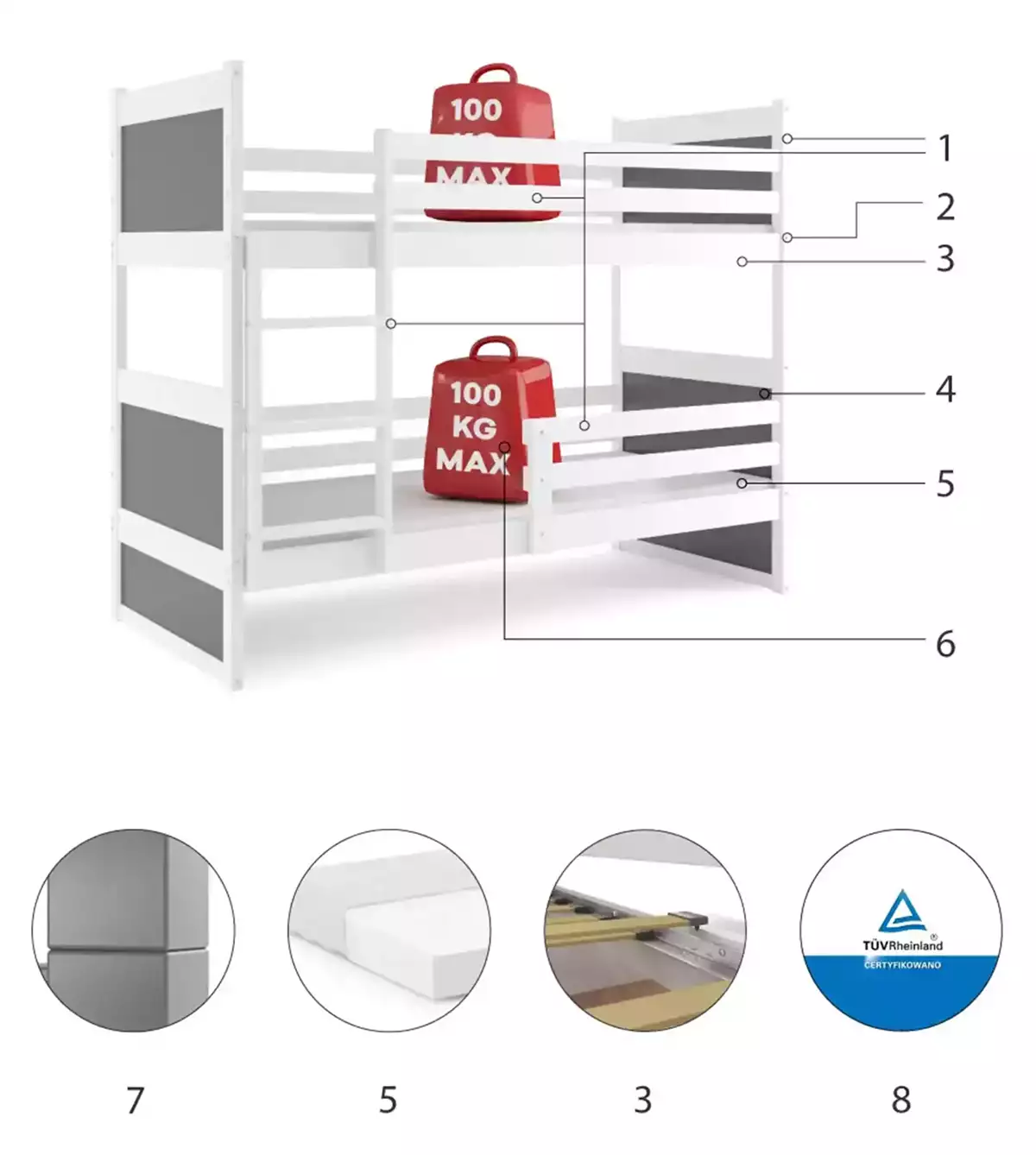 Componente pentru patul de tineret Rico 90x200 cu saltea, alb/grafit Componente pentru patul de tineret Rico 90x200 cu saltea, alb/grafit