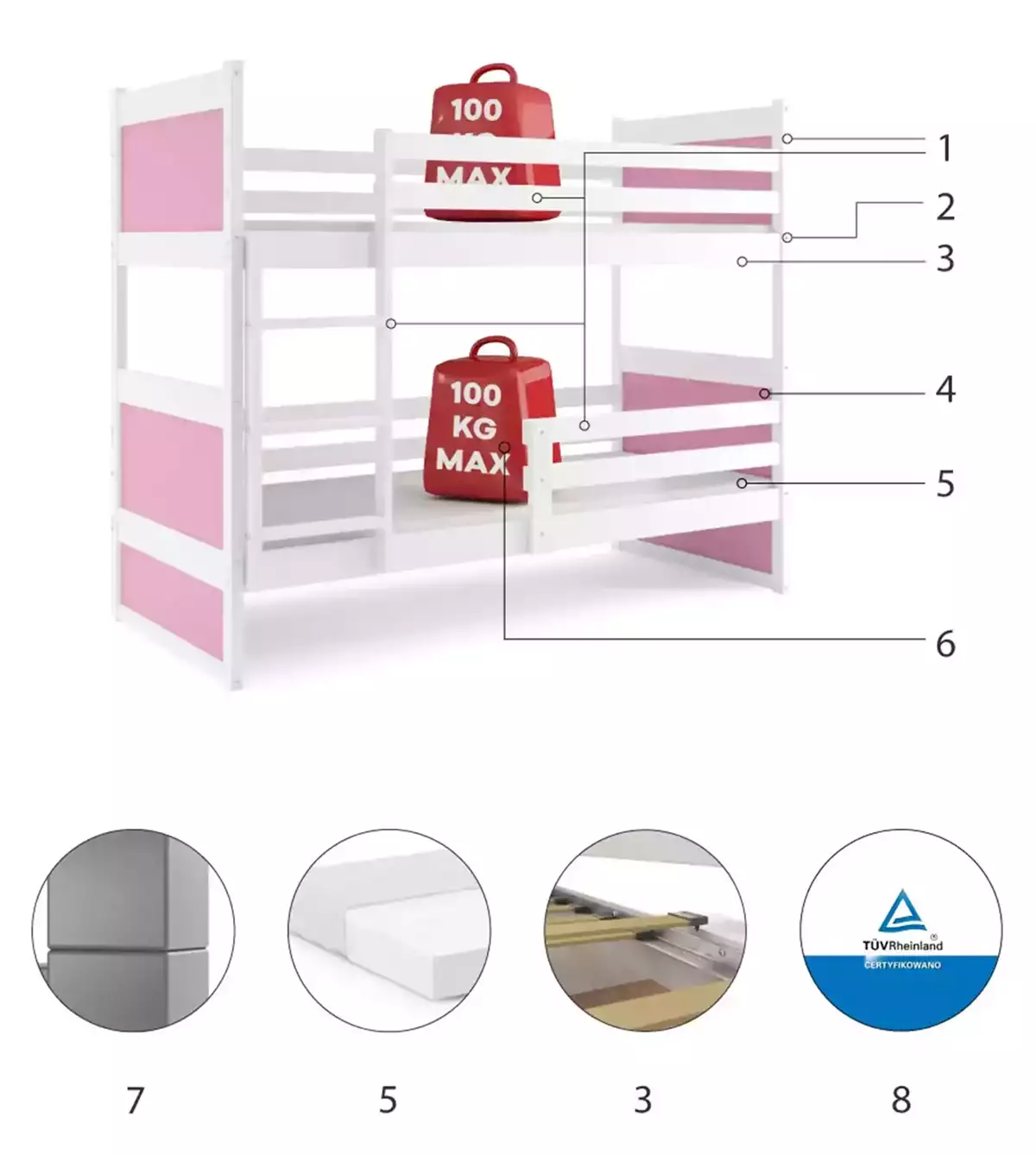 Componente pentru patul de tineret Rico 90x200 cu saltea, alb/roz Componente pentru patul de tineret Rico 90x200 cu saltea, alb/roz
