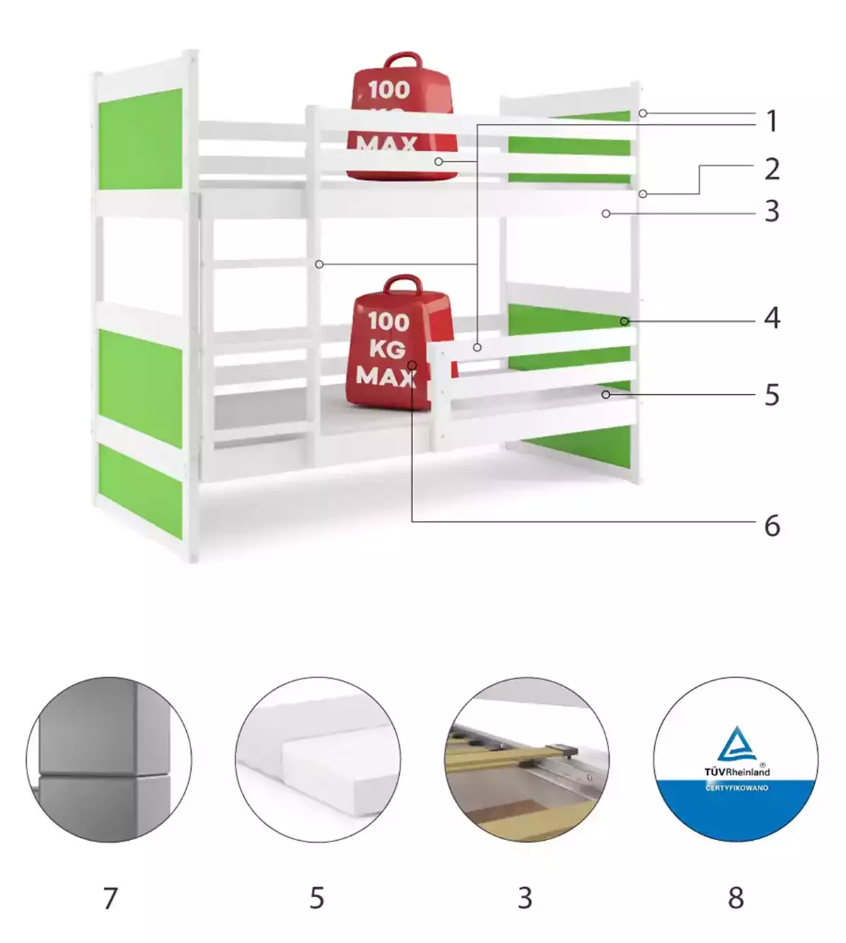 Componente pentru patul de tineret Rico 90x200 cu saltea, alb/verde Componente pentru patul de tineret Rico 90x200 cu saltea, alb/verde