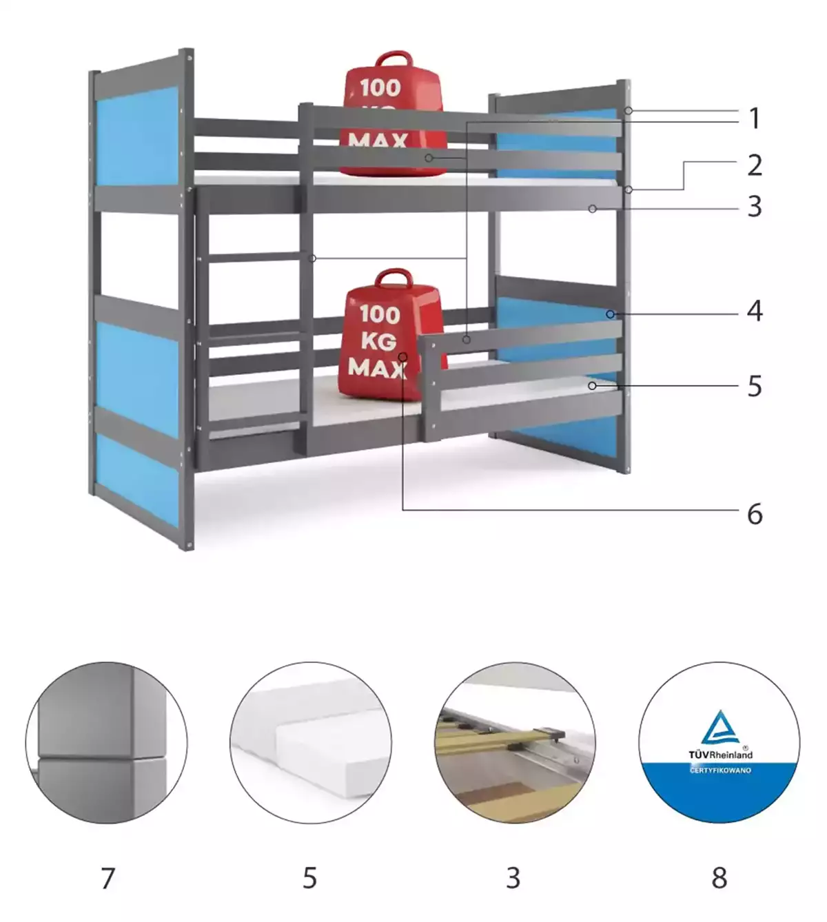 Componente pentru patul de tineret Rico 90x200 cu saltea, grafit/albastru Componente pentru patul de tineret Rico 90x200 cu saltea, grafit/albastru