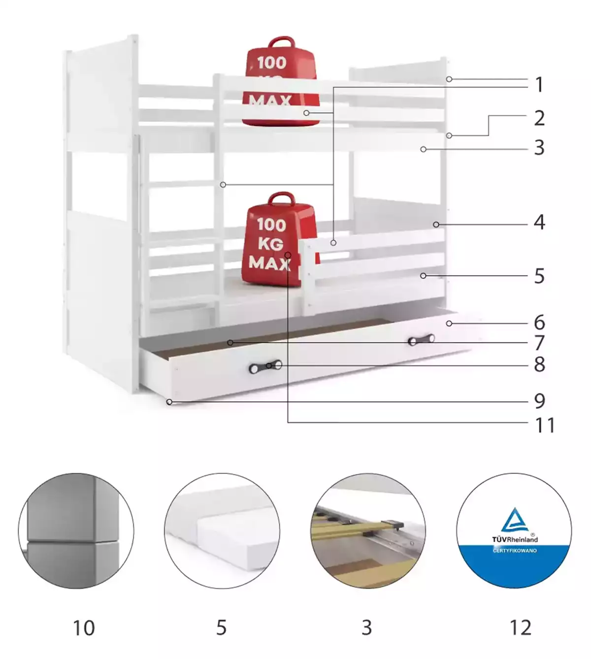 Componente pentru patul de tineret Rico 90x200 cu saltea și sertar, alb Componente pentru patul de tineret Rico 90x200 cu saltea și sertar, alb